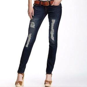 Y2K True Religion Skinny Jeans Low Rise Dark Wash Rips Distressed Pocket Flaps